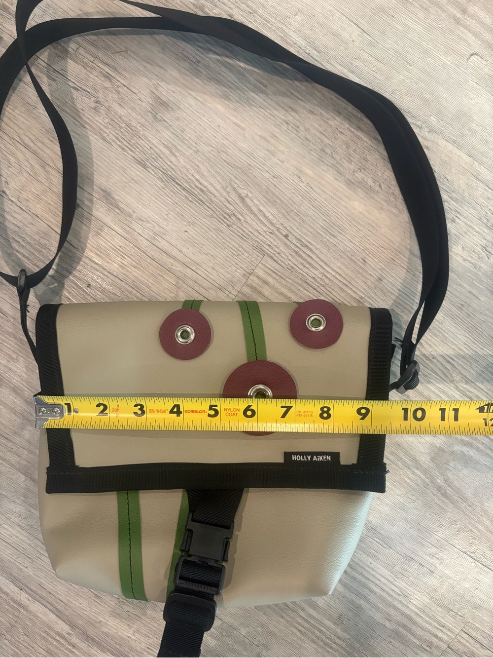 Holly Aiken Beige Crossbody Bag with Green Stripes and Burgundy Accents - Picture 6 of 7